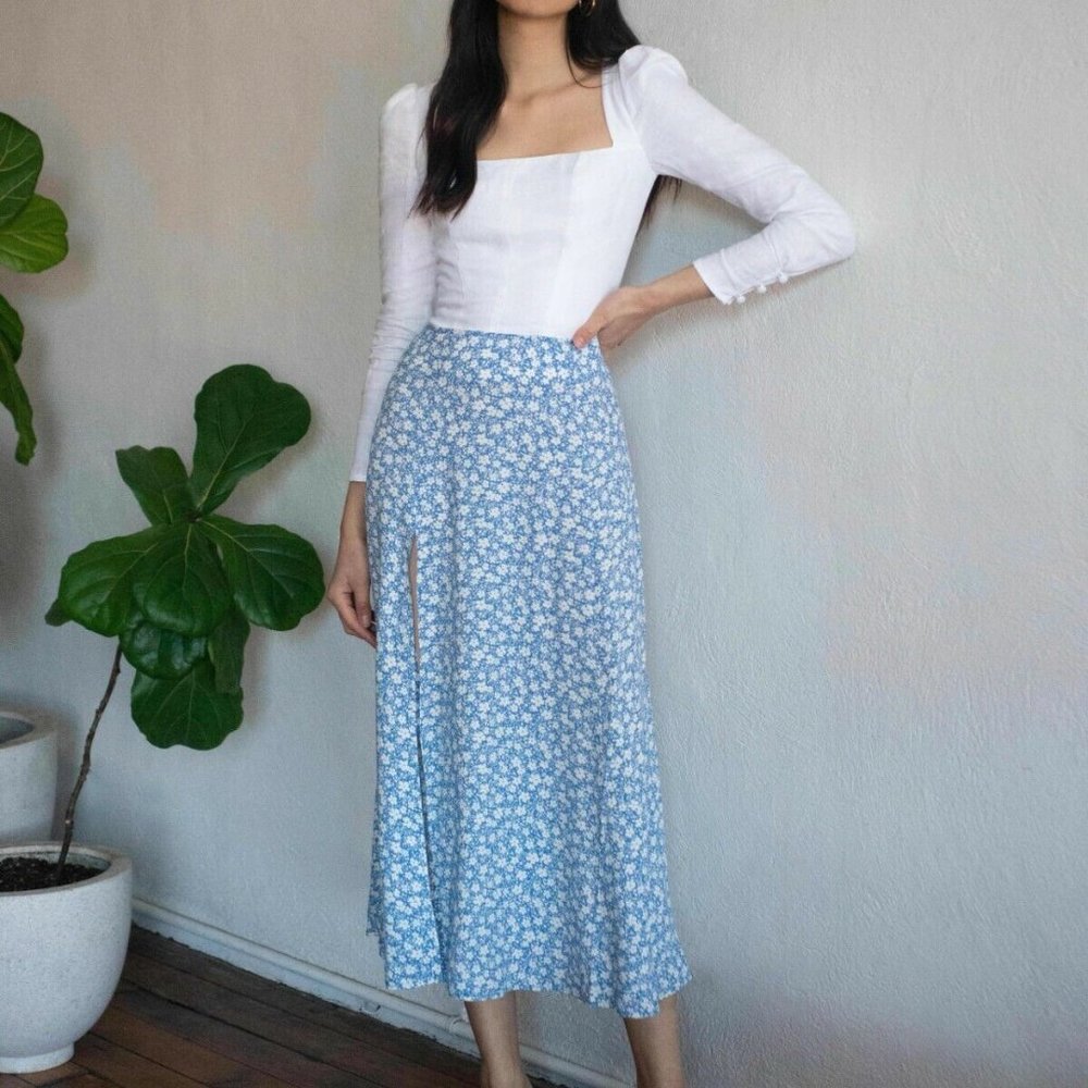 Reformation Zoe Skirt in Azzurro Light Blue White Floral Midi Slit High Rise